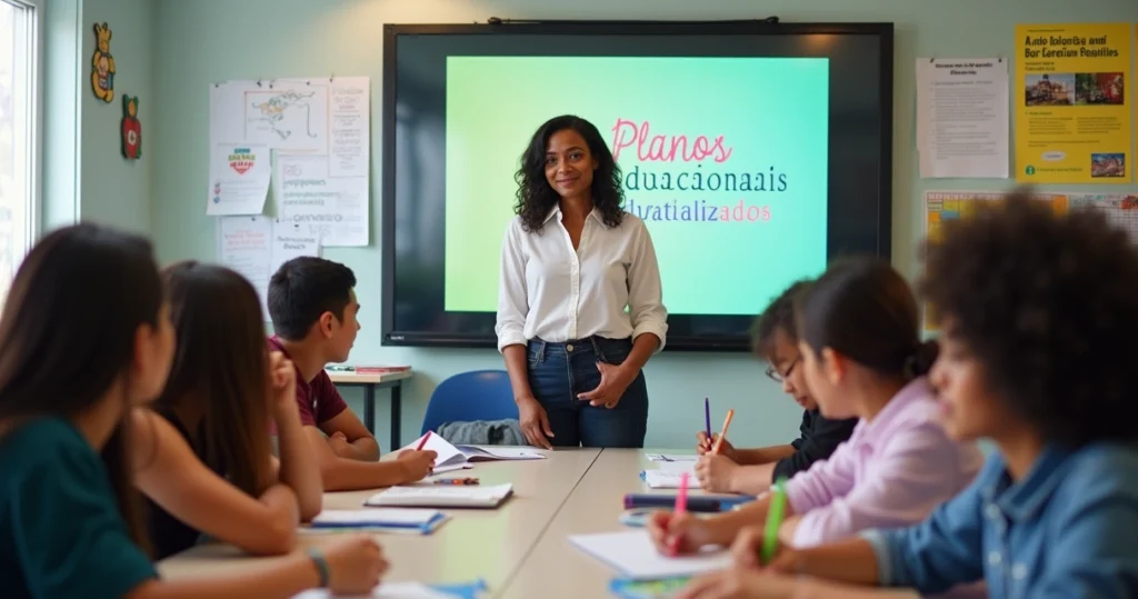 Classe diversa com alunos colaborando em um projeto sobre Planos Educacionais Individualizados.