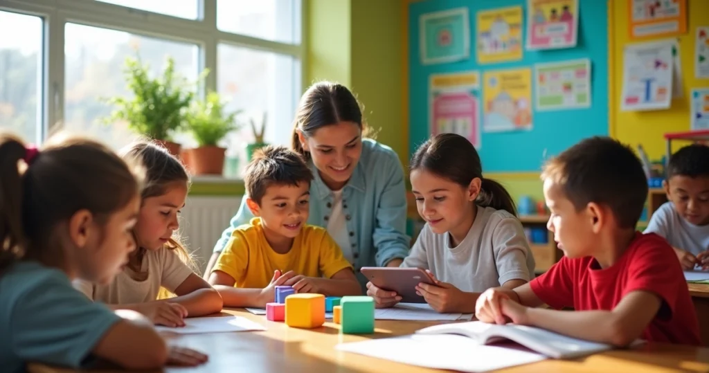 Sala de aula colorida com alunos com necessidades especiais engajados em diversos aprendizados.