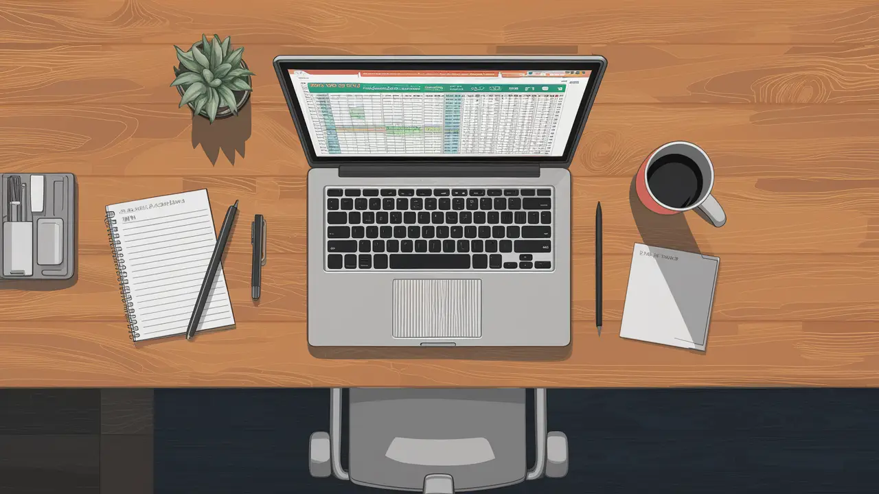 Laptop com planilha aberta, caneca de café, bloco de notas, caneta e planta em mesa de madeira com cadeira cinza.